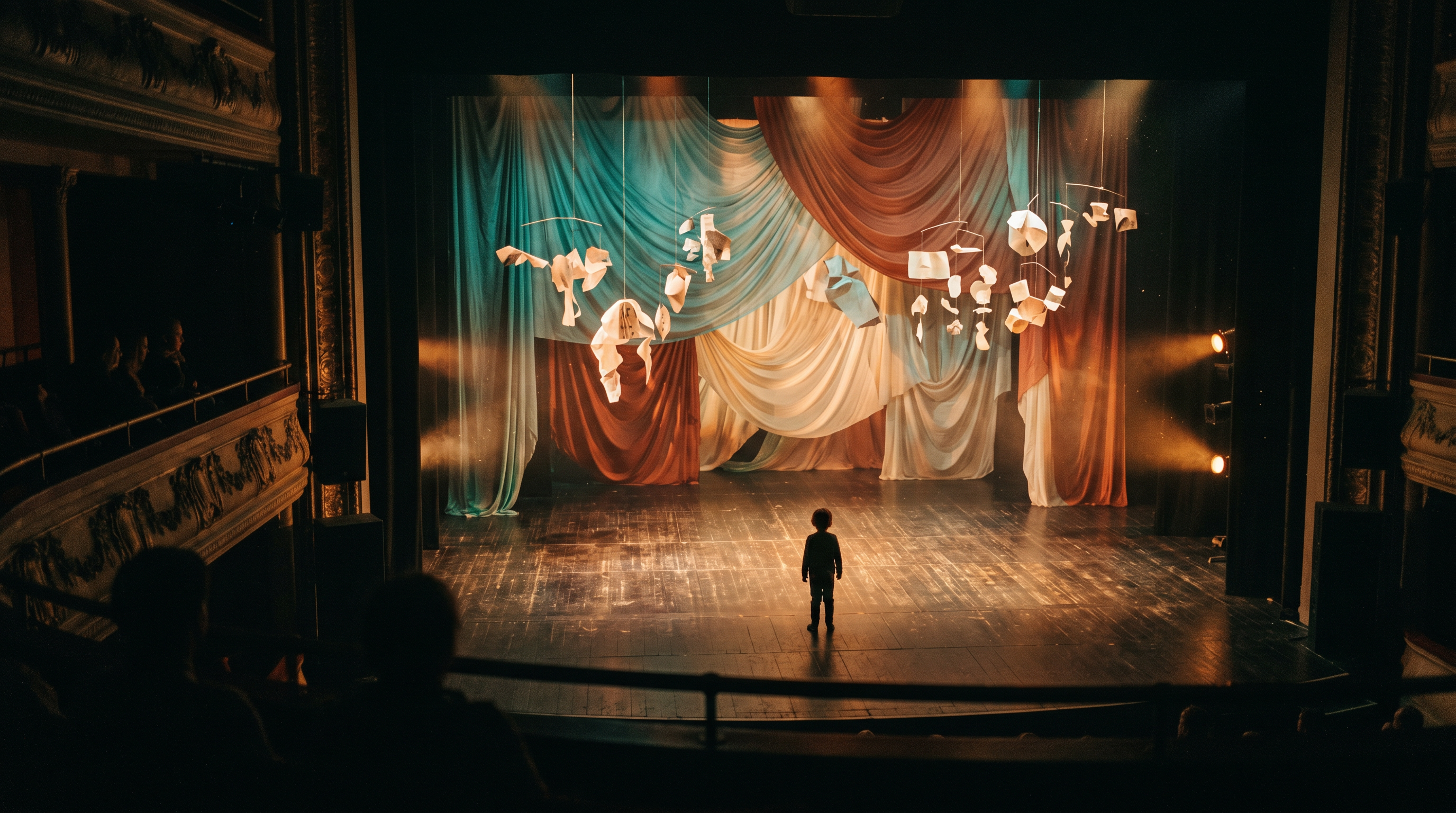 A child silhouetted on a theatre stage, surrounded by suspended paper sculptures and billowing fabric.